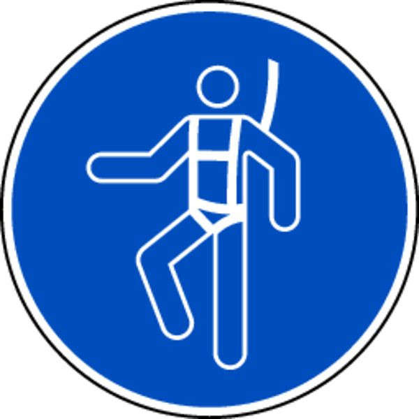 Schilder Klar Gebotszeichen Auffanggurt benutzen DIN EN ISO 7010-M018, 200 mm Folie selbstklebend, 1411/62