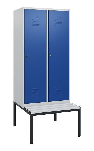 C+P Umkleidespind Classic PLUS, mit untergebauter Sitzbank, 2 Abteile, 1950x800x815mm, 7035/5010, Zylinderschlösser, 0800505-22 S10048