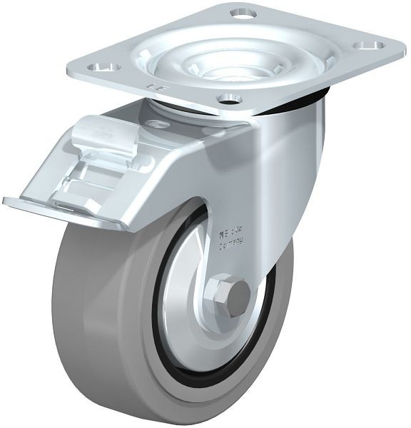 Blickle LE-POEV 100R-FI-SG-FA Stahlblech-Lenkrolle mit Anschraubplatte & Feststeller, Elastik-Vollgummi, Grau, 663450