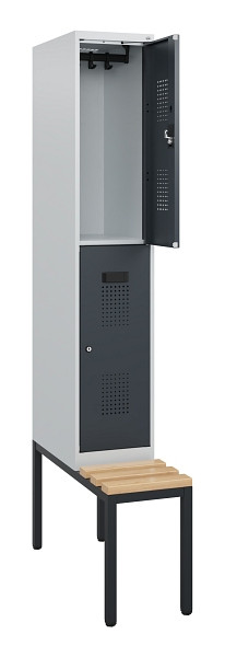 C+P Doppelstöckiger Spind Evolo PLUS, Bank, 2 Fächer, 1950x300x815mm, 7035/7016, Zylinderschloss, Sitzfläche Buche-Hartholz, Sitzbank, 0493505-10 S10039