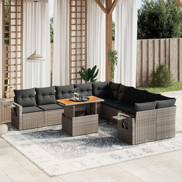 vidaXL 11-teilig Garten-Sofagarnitur mit Kissen Grau Poly Rattan, 3271949
