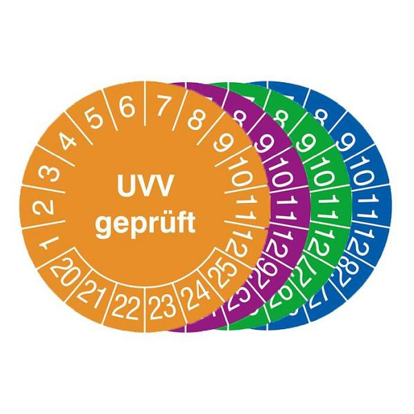 Stein HGS Prüfplaketten mit Jahresfarbe (6 Jahre), 20 mm, 2023-2028 / blau, Modell: UVV geprüft, 31.0794-23