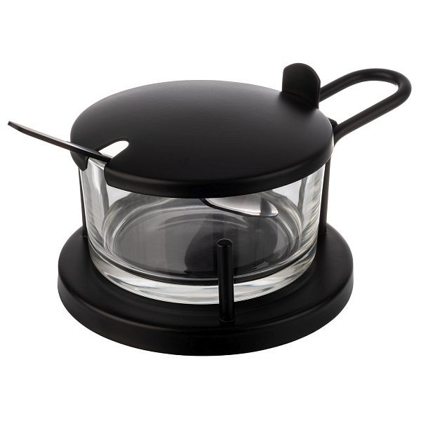 APS Parmesan-Menage -CLASSIC-, Ø 11 x 7 cm, Glas, Edelstahl, schwarz, inklusive Löffel, 0,18 Liter, 40333