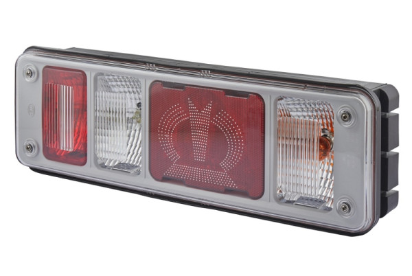 HELLA Heckleuchte "Krone", Hybrid, 24V, Anbau/geschraubt, Lichtscheibenfarbe: glasklar, EasyConn 4 x 2/EasyConn 1 x 7, Male, rechts, 2VP 340 961-521