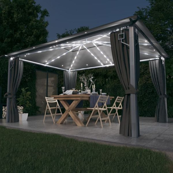 vidaXL Pavillon mit Vorhängen & LED-Lichterkette 4x3 m Anthrazit Alu, 3070336