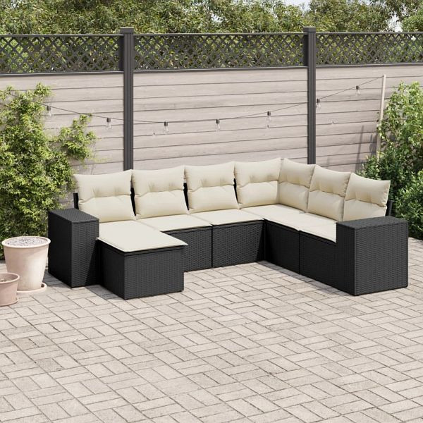 vidaXL 7-teilig Garten-Sofagarnitur mit Kissen Schwarz Poly Rattan, 3255233