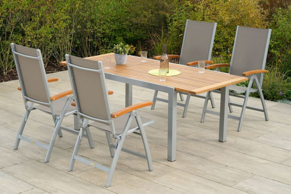 Merxx Naxos Set 5-teilig, 4 Naxos Klappsessel, 1 Ausziehtisch 150 (200) x 90 cm, Aluminium mit Textilbespannung und FSC Akazienholz, 50655-309