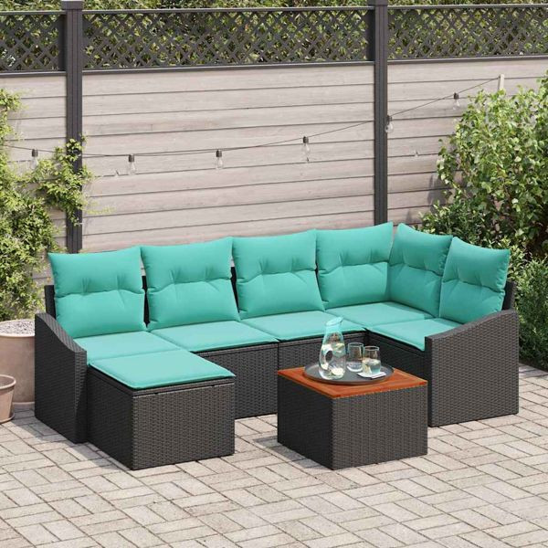 vidaXL Gartensofa-Set mit Kissen 7-teilig Schwarz Poly-Rattan, 3347858