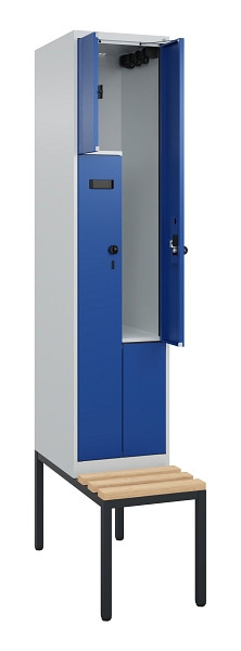C+P Z-Spind Evolo PLUS, Bank, 2 Fächer, 2120x400x815mm, 7035/5010, Drehriegel, Sitzfläche Buche-Hartholz, Sitzbank, 0490537-122 S10015