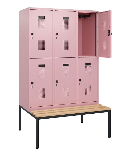 C+P Doppelstöckiger Spind Evolo PLUS, Bank, 6 Fächer, 1950x1200x815mm, 3015/3015, Drehriegel, Sitzfläche Buche-Hartholz, Sitzbank, 0493505-32 S10032