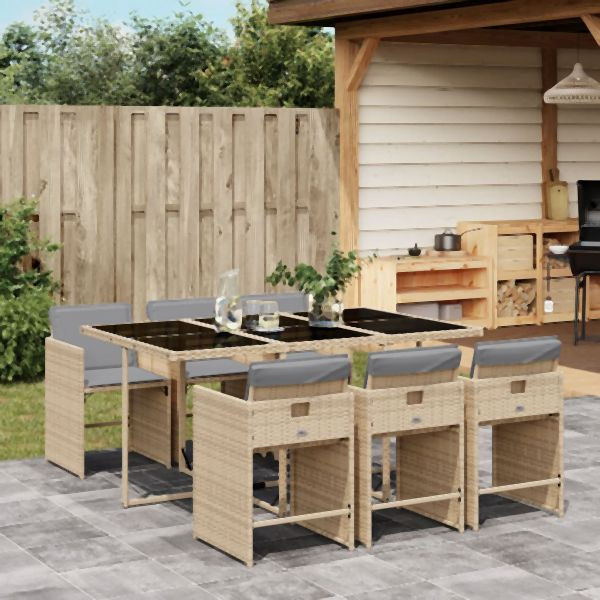 vidaXL 7-tlg. Garten-Essgruppe mit Kissen Beigemischung Poly Rattan, 3211092
