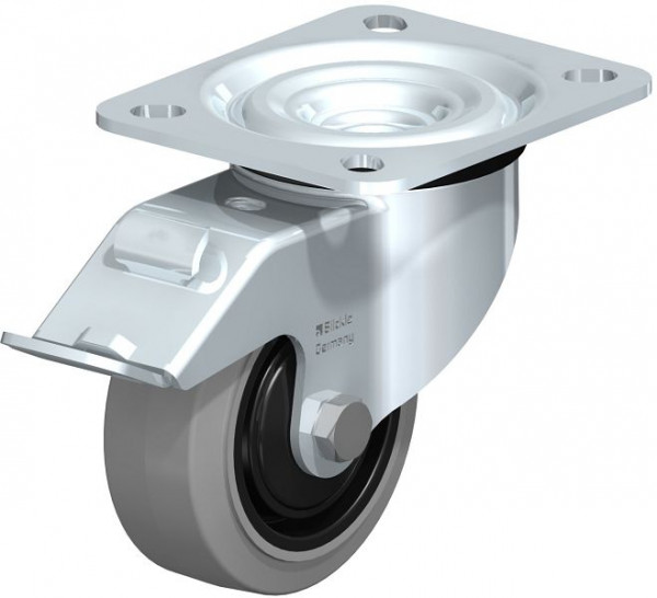 Blickle L-POEV 80KD-FI-SG Stahlblech-Lenkrolle, mittelschwere Ausführung, mit Anschraubplatte & Feststeller, Elastik-Vollgummi, Grau, 850470