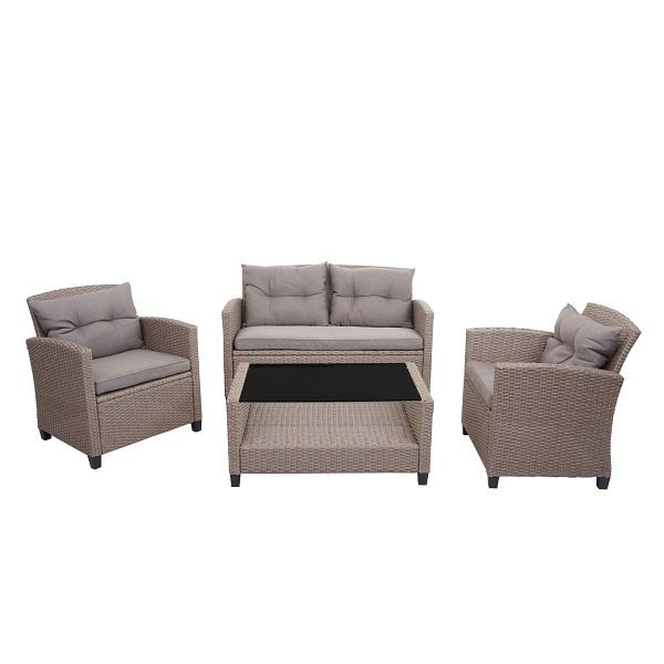 Mendler XXL Poly-Rattan Garnitur HWC-F10, Balkon-/Garten-/Lounge-Set Sitzgruppe, Sofa Sessel mit Kissen Spun Poly, grau-braun, 73484+73485