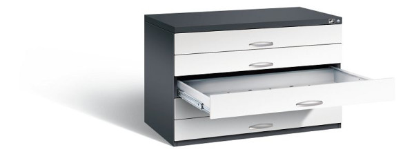 C+P Flachablageschrank Serie 7100_7200, H760xB1100xT765mm, Farbe: Schwarzgrau / Verkehrsweiß, Bügelgriff, 7101-100 S10257