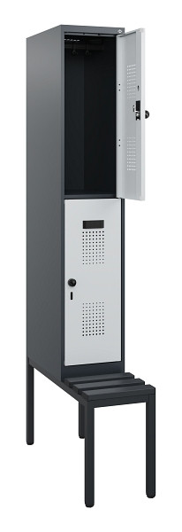C+P Doppelstöckiger Spind Evolo PLUS, Bank, 2 Fächer, 1950x300x815mm, 7016/7035, Drehriegel, Sitzfläche Kunststoff, Sitzbank, 0493505-10 S10114