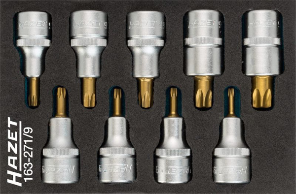Hazet Schraubendreher-Steckschlüsseleinsatz Satz TORX®, Vierkant hohl 12,5 mm, Innen TORX® Profil, T20 - T60, Anzahl Werkzeuge: 9, Mit Rändelung, 163-271/9