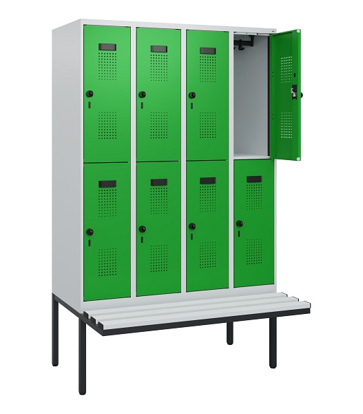 C+P Doppelstock-Spind Evolo PLUS, Bank, 8 Fächer, 1950x1200x815mm, 7035/6037, Drehriegel, Sitzfläche Kunststoff, 0493405-40 S10102