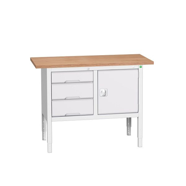 bott verso Kastenwerkbank mit einstellbarer Arbeitshöhe und Schubladenschrank mit 3 Schubladen, 1250x600x830-930mm, Lichtgrau/Lichtgrau, 16923003.16