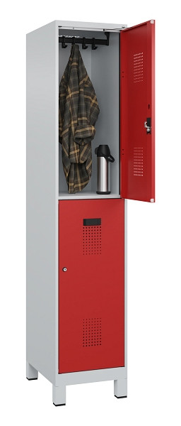 C+P Doppelstöckiger Spind Evolo PLUS, mit Füßen, 2 Fächer, 1950x400x500mm, 7035, Frontfarbe RAL 3000 feuerrot, Zylinderschloss, 049310-12 S10030
