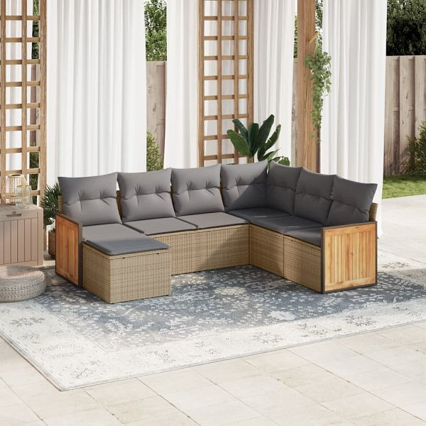 vidaXL 7-teilig Garten-Sofagarnitur mit Kissen Beige Poly Rattan, 3260288