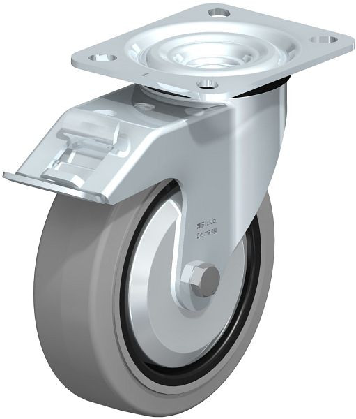 Blickle L-POEV 125KD-FI-SG-FA Stahlblech-Lenkrolle, mittelschwere Ausführung, mit Anschraubplatte & Feststeller, Elastik-Vollgummi, Grau, 850570