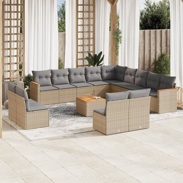 vidaXL 14-teilig Garten-Sofagarnitur mit Kissen Beige Poly Rattan, 3226493