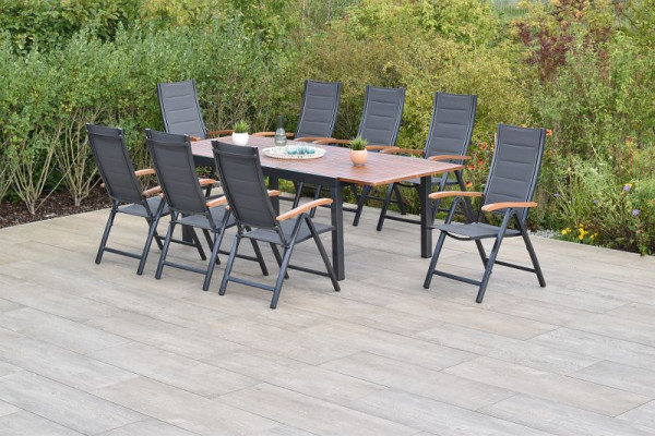 Merxx Paxos Set 9-teilig, 8 Klappsessel, gepolstert, graphit/grau, 1 Ausziehtisch, 180 (250) x 100 cm, 50826-307
