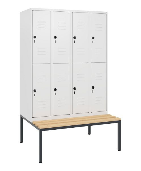 C+P Doppelstöckiger Spind Classic PLUS, 4 Abteile, 1950x1200x815mm, 9016/9016, Drehriegel, Buche-Sitzleisten, mit untergebauter Sitzbank, 0803505-40 S10014