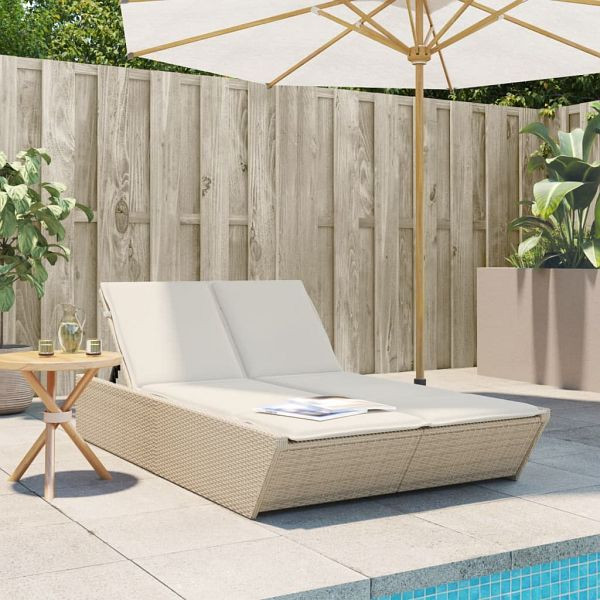 vidaXL Doppel-Sonnenliege mit Auflagen Beige Poly Rattan, 368183