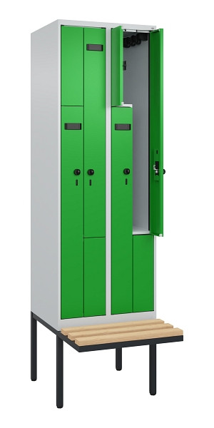 C+P Z-Spind Evolo PLUS, Bank, 4 Fächer, 2120x600x815mm, 7035/6037, Drehriegel, Sitzfläche Holz, 0490437-204 S10004