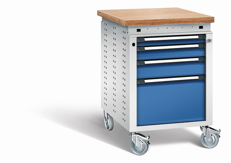 Otto Kind Werkbank Serie function Typ 153 fahrbar, Multiplexplatte, bündig, 4 Schubladen, Zentralverschluss, Gehäuse RAL 7035, Front RAL 5010, 072380186
