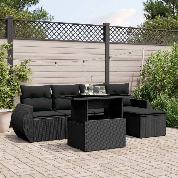 vidaXL 6-teilig Garten-Sofagarnitur mit Kissen Schwarz Poly Rattan, 3268495