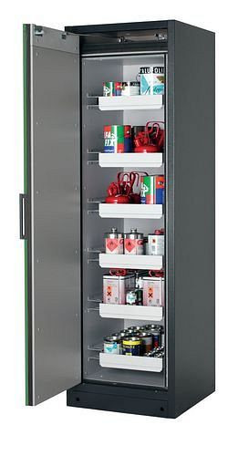 asecos Feuerbeständiger Gefahrstoffschrank Select W-66L, 6 Auszugswannen, Tür grün (links), 201032