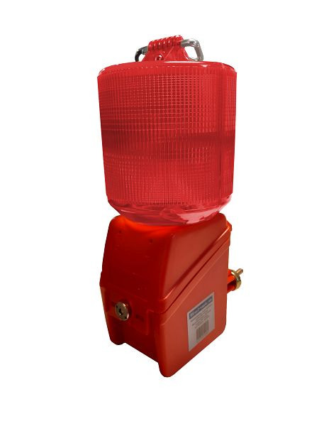 Schake Bauzaunlampe, rotes Gehäuse,rote 360° Linse, inkl. Metallbügel zur Befestigung an Rohren / Stutzen und Ring zur Befestigung an Laterneneisen, 31210R