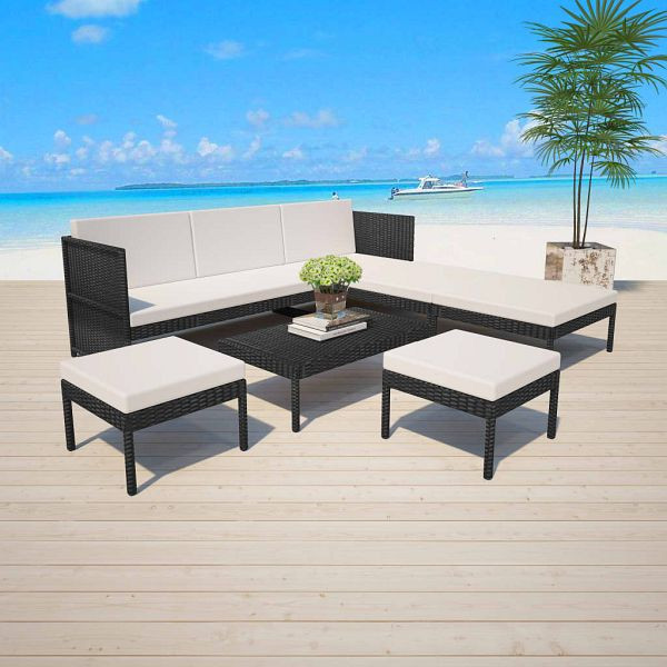 vidaXL 6-teilig Garten-Lounge-Set mit Auflagen Poly Rattan Schwarz, 43010