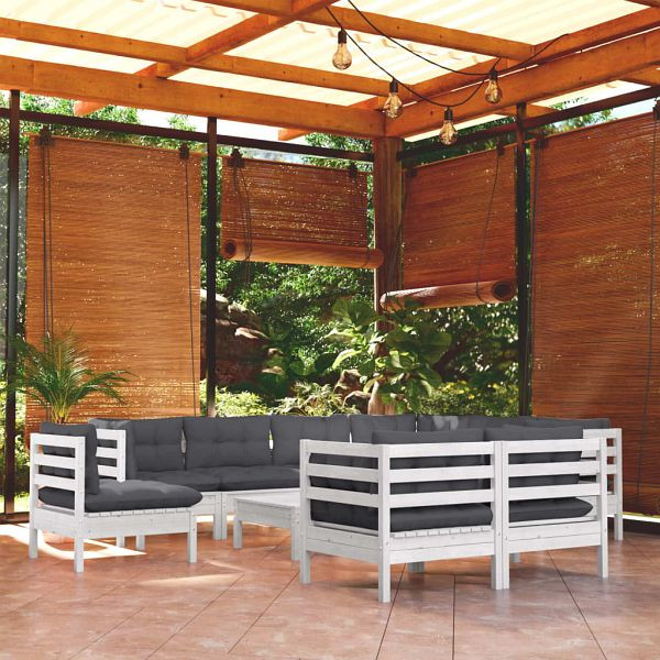 vidaXL 10-teilig Garten-Lounge-Set mit Kissen Weiß Kiefer Massivholz, 3096774