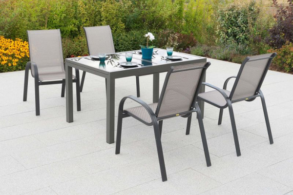 Merxx Amalfi Set 5-teilig, 4 Amalfi Stapelsessel, 1 Ausziehtisch 150 (210) x 90 cm, graue Glasplatte, Graphit/diamantbraun, 51103-330