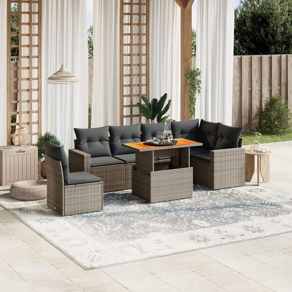 vidaXL 7-teilig Garten-Sofagarnitur mit Kissen Grau Poly Rattan, 3271340