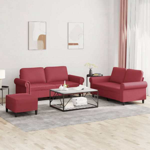 vidaXL 3-tlg. Sofagarnitur mit Kissen Weinrot Kunstleder, 3202158