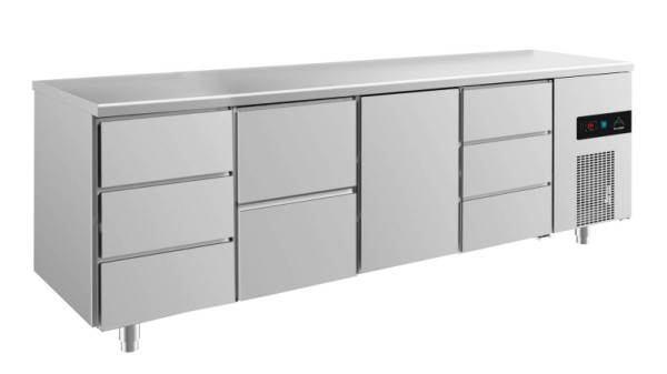 A&S Polarny Kühltisch -2 bis +8°C mit 1x Tür mittig-rechts, 1x zwei Schubladen mittig-links und 2x drei Schubladen, 2330 x 700 x 850 mm, KT4DZTD