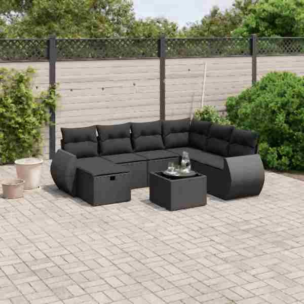 vidaXL 8-tlg. Garten-Sofagarnitur mit Kissen Schwarz Poly Rattan, UV-beständig, 3264151