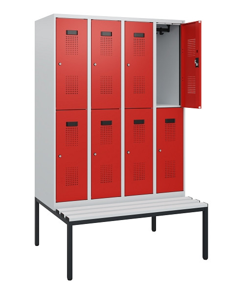 C+P Doppelstöckiger Spind Evolo PLUS, Bank, 8 Fächer, 1950x1200x815mm, 7035/3020, Zylinderschloss, Sitzfläche Kunststoff, Sitzbank, 0493505-40 S10140