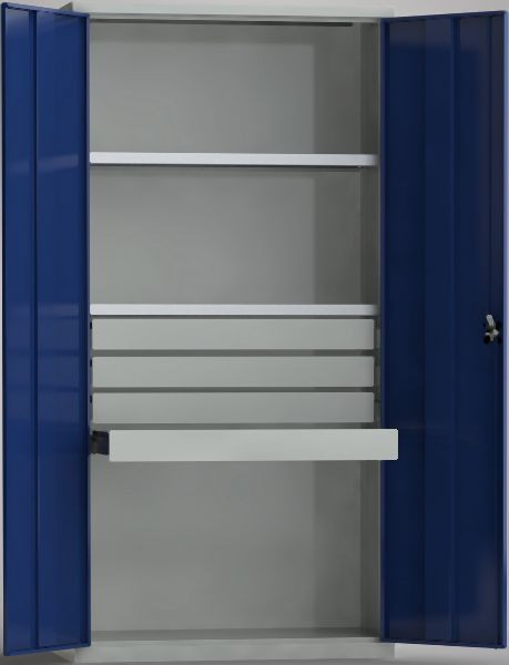 KLW Universalschrank 2000x1000x430mm, abschließbare Flügeltüren, 2 Schubladen 800mm mit Mitteltrennwand, 2 verstellbare Fachböden, 7FN-NF2000TD-20S6XRB
