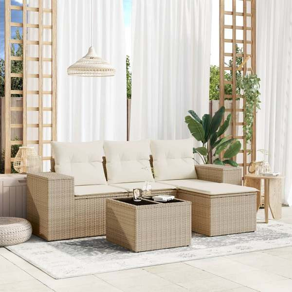 vidaXL 5-tlg. Garten-Sofagarnitur mit Kissen Beige Poly Rattan, UV-beständig, 3222477