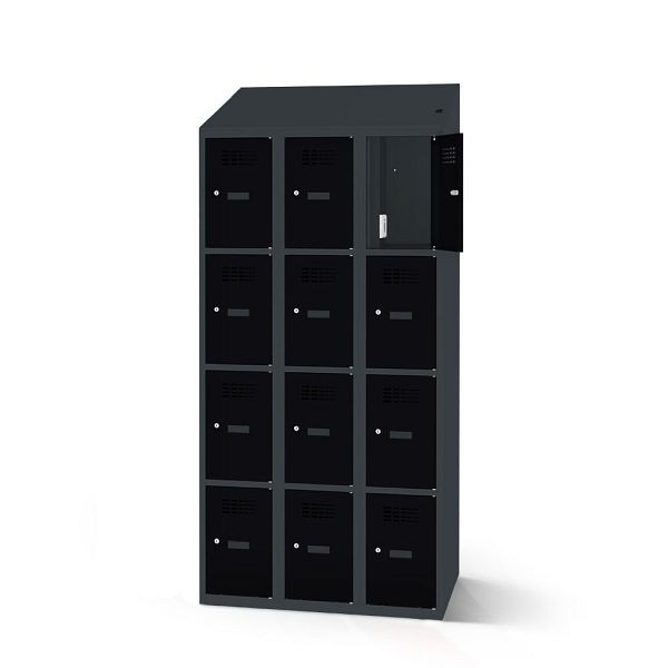Rotstahl Fächerschrank, 12 Fächer, Stollenfüße, mit Ladefunktion, Schrägdach, Korpus: anthrazitgrau, Türen: tiefschwarz, 2180-030400-1202112-7016-9005