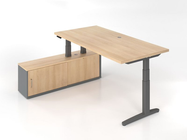 Hammerbacher Sitz-Stehtisch + Sideboard Eiche/Graphit, C-Fuß Gestell Graphit, Alu-Kufe Graphit, VXBHM2C/EG/GG
