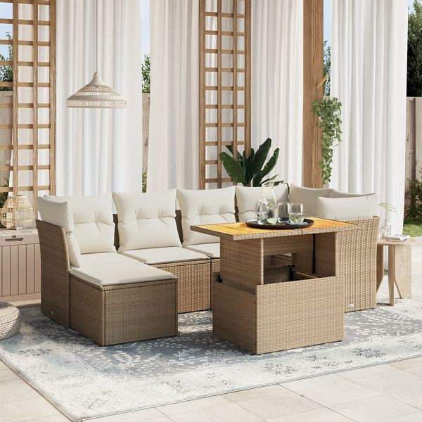 vidaXL 7-tlg. Garten-Sofagarnitur mit Kissen Beige Poly Rattan, 3275480
