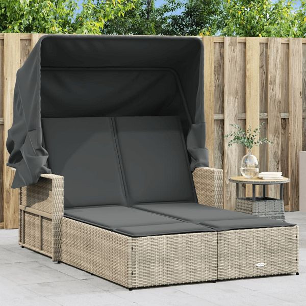vidaXL Doppel-Sonnenliege mit Dach und Auflagen Hellgrau Poly Rattan, 365812
