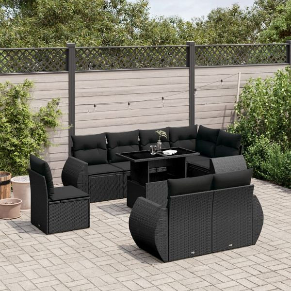vidaXL 9-teilig Garten-Sofagarnitur mit Kissen Schwarz Poly Rattan, 3268665