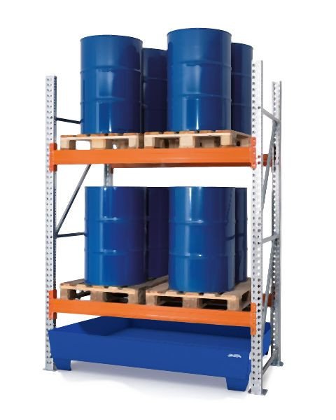 DENIOS Gefahrstoff-Palettenregal, Grundfeld, 2 Lagerebenen, lackierte Auffangwanne, 2025 x 1300 x 2700 mm, 329146